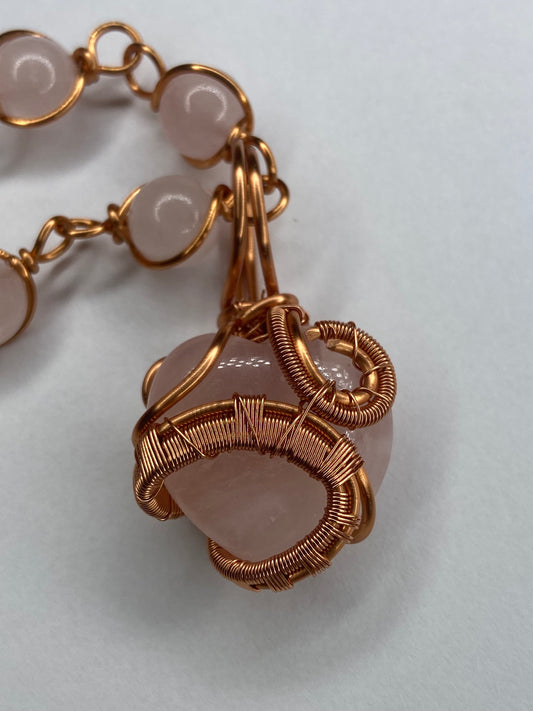 Rose Quartz Heart Pendant Necklace — Copper-Wrapped Symbol of Love