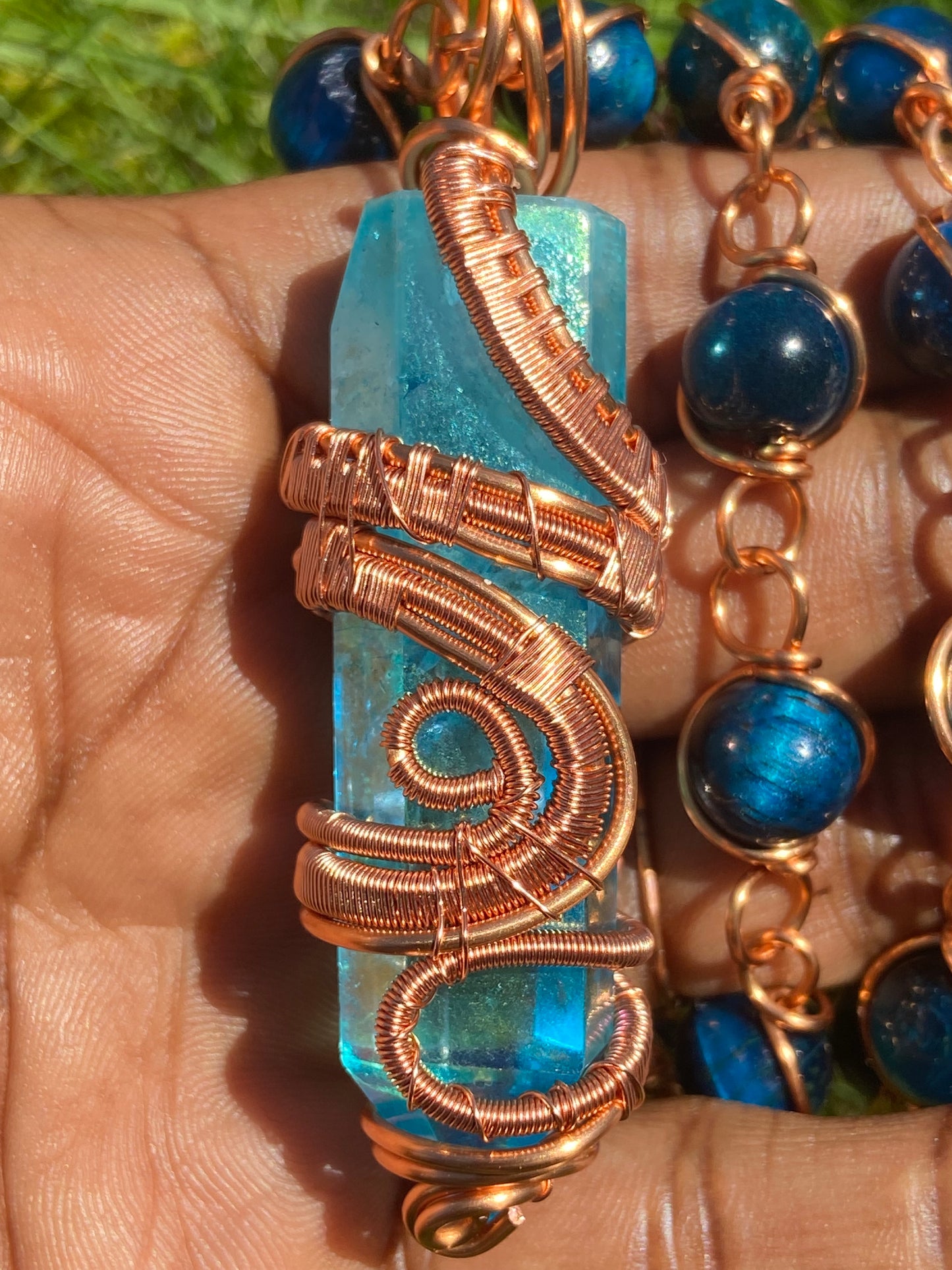Luxury Blue Aqua Aura Quartz/ Blue Tigers Eye Reiki Infused Masterpiece Pendant