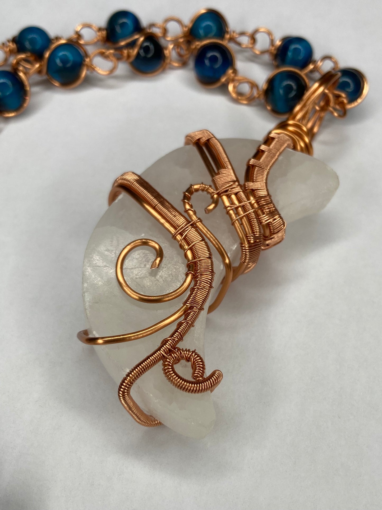 Luxury Selenite Moon +Blue Tigers Eye Masterpiece Pendant