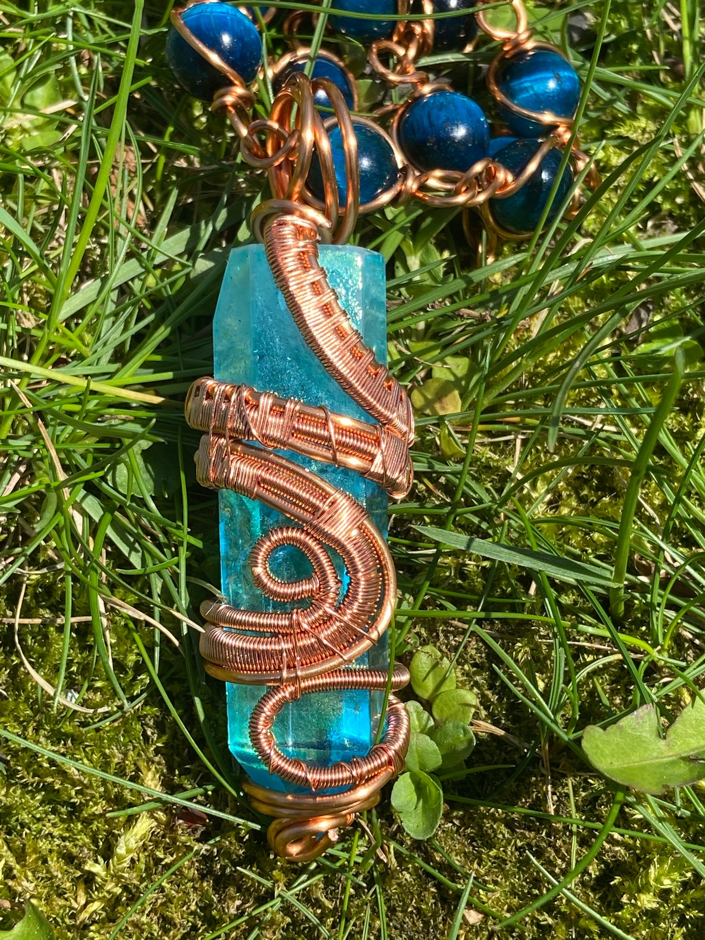 Luxury Blue Aqua Aura Quartz/ Blue Tigers Eye Reiki Infused Masterpiece Pendant