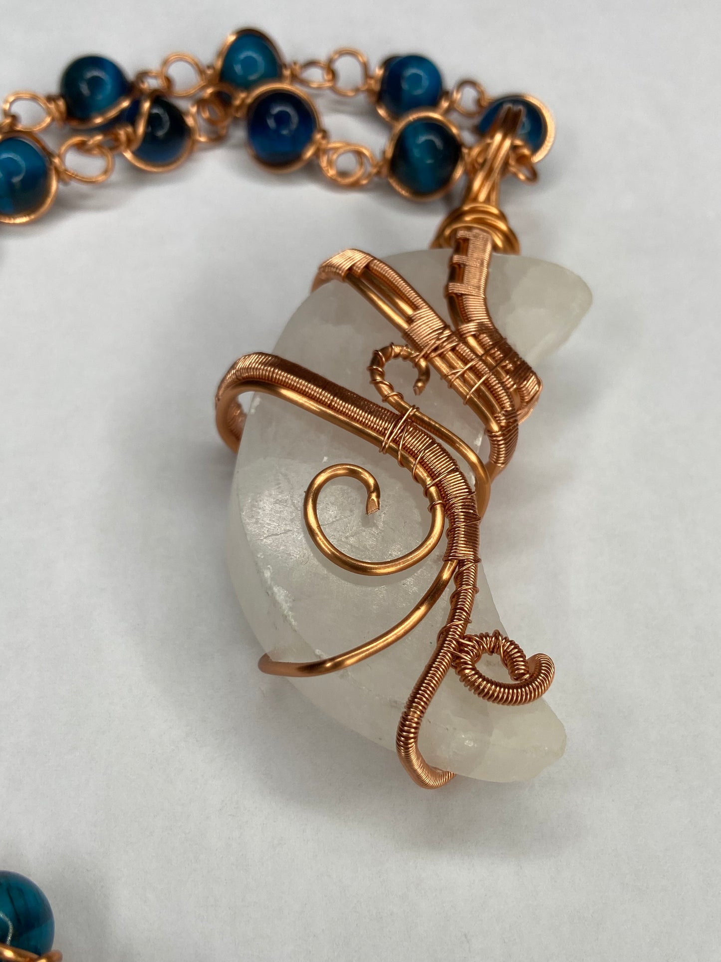 Luxury Selenite Moon +Blue Tigers Eye Masterpiece Pendant