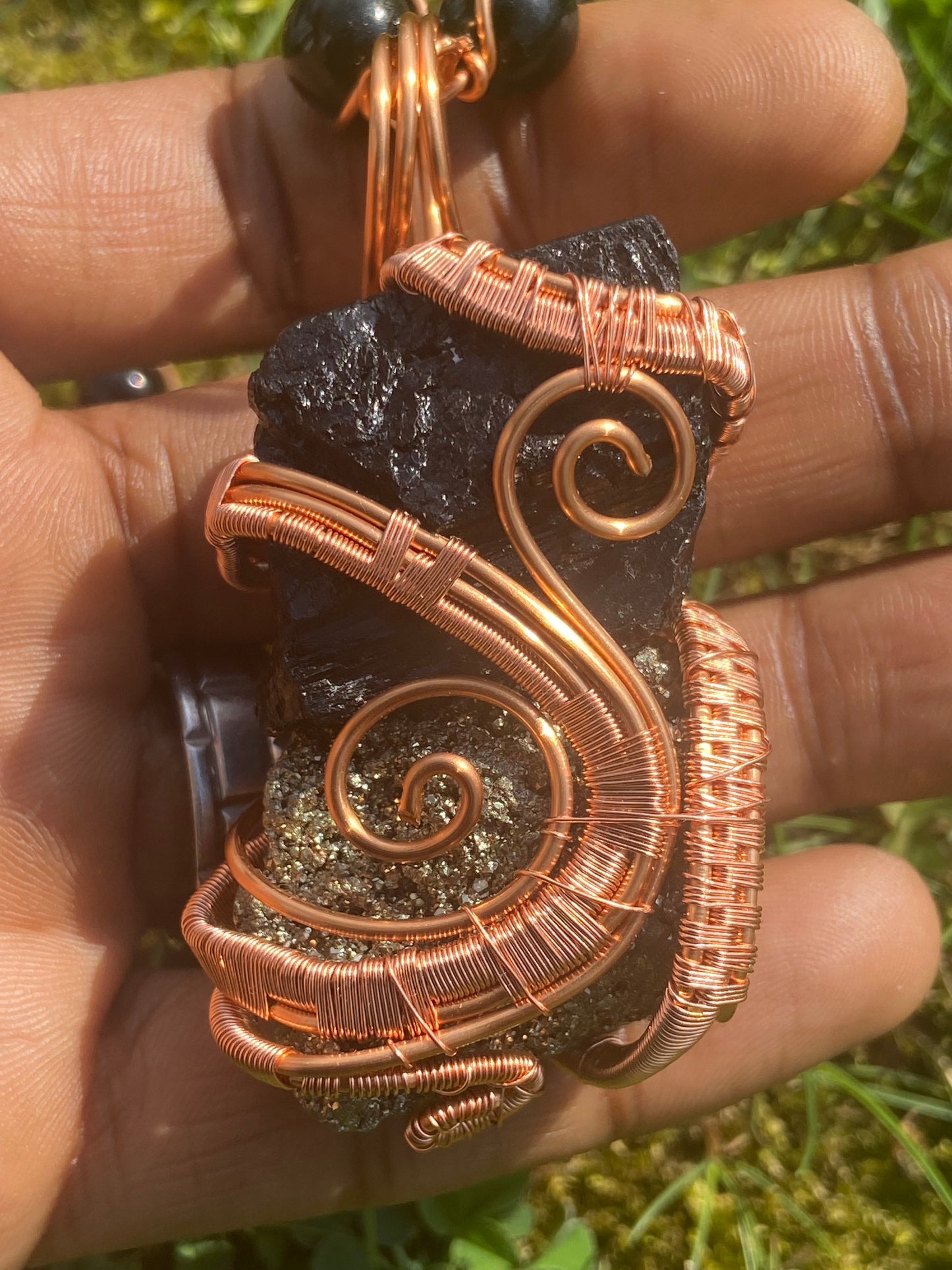 Black Tourmaline/Pyrite +Golden Obsidian Reiki Infused Masterpiece Pendant