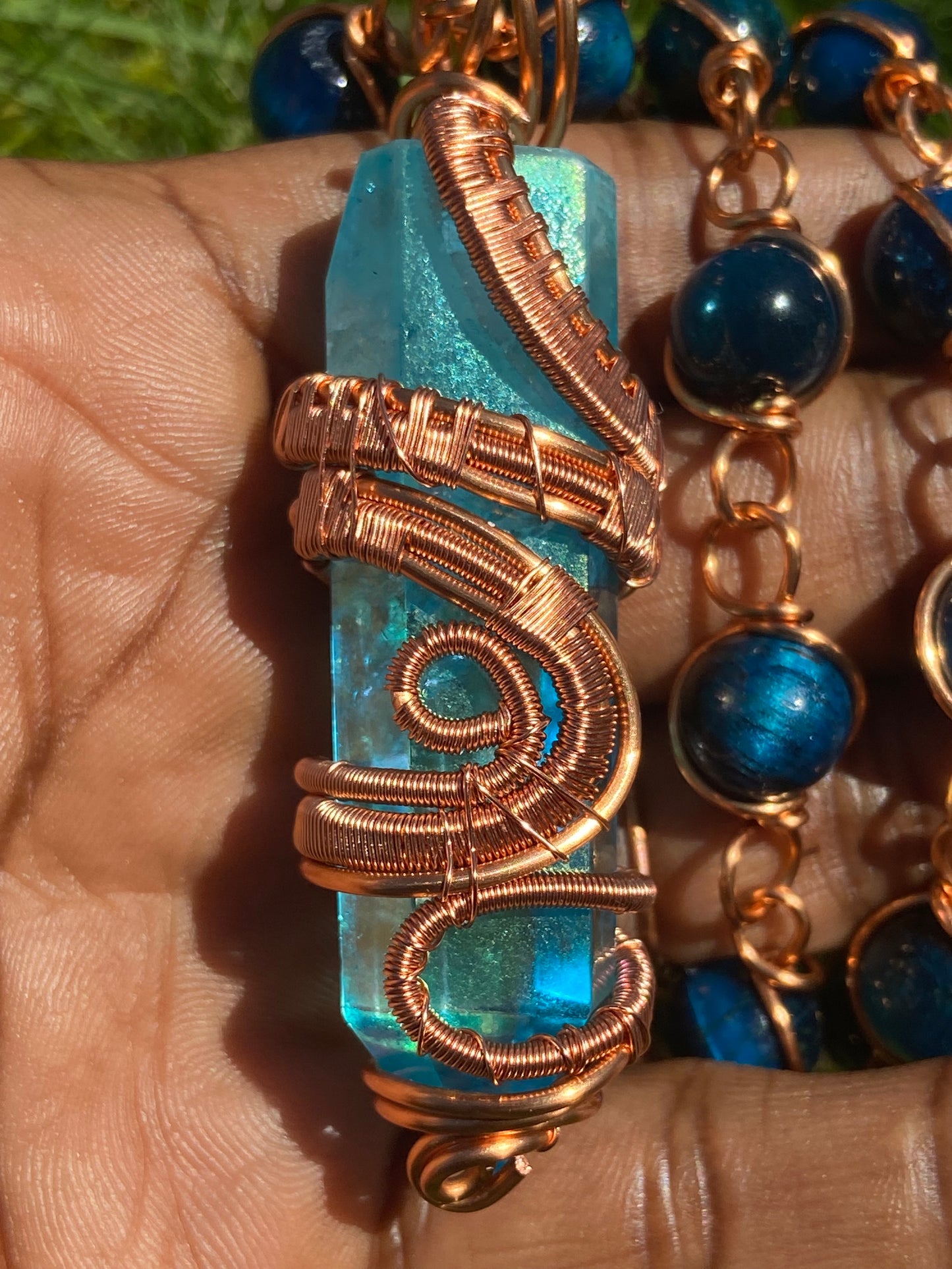 Luxury Blue Aqua Aura Quartz/ Blue Tigers Eye Reiki Infused Masterpiece Pendant