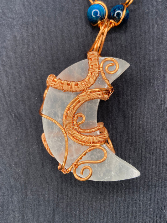 Luxury Selenite Moon Masterpiece Pendant Blue Tigers Eye Necklace
