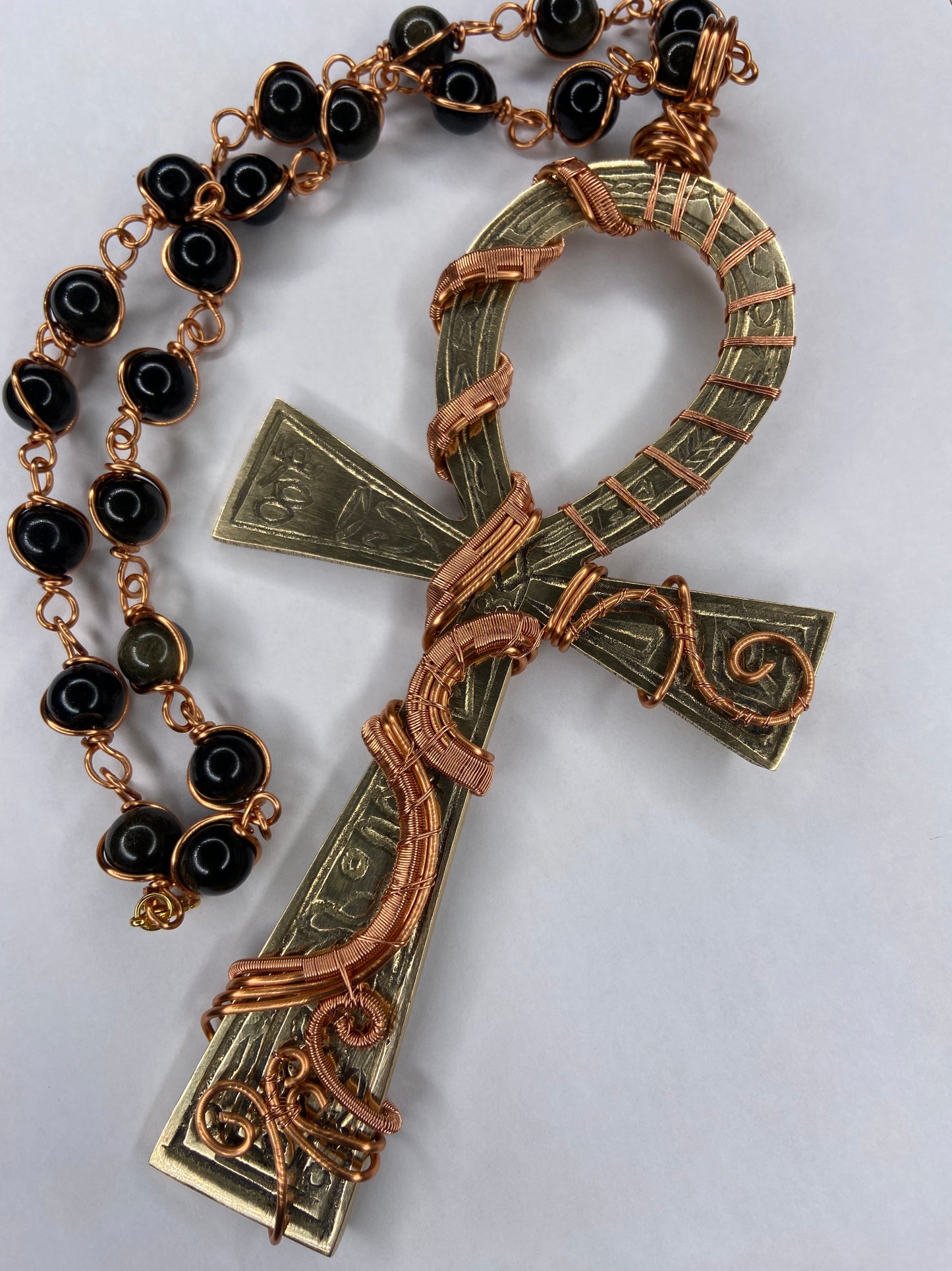 7in Ankh/Golden Obsidian Healing Masterpiece Pendant