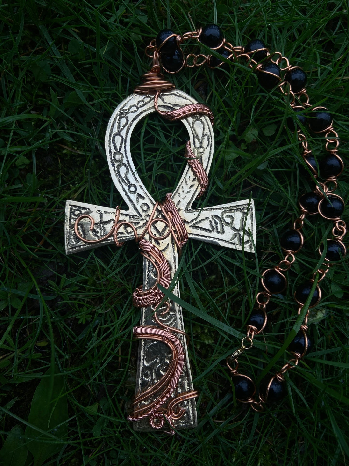 7in Brass Ankh+ Golden Obsidian Reiki Infused Masterpiece Pendant