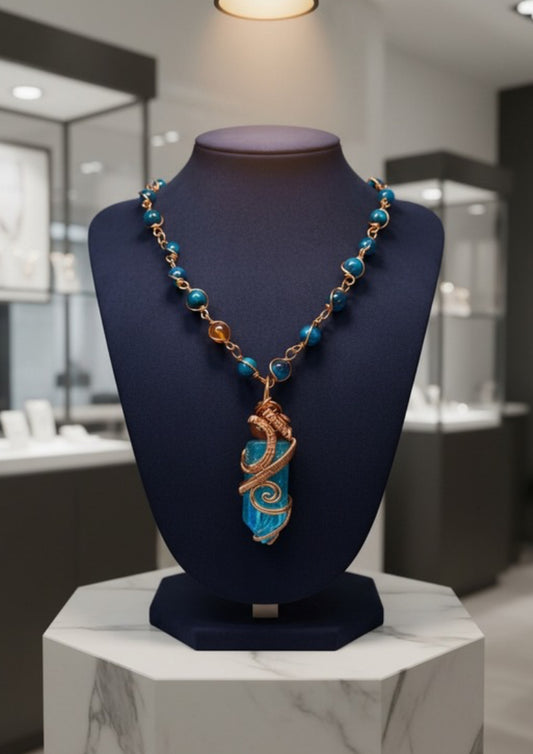 Aqua Aura Quartz Masterpiece Pendant Blue Carnelian tigers Eye Necklace