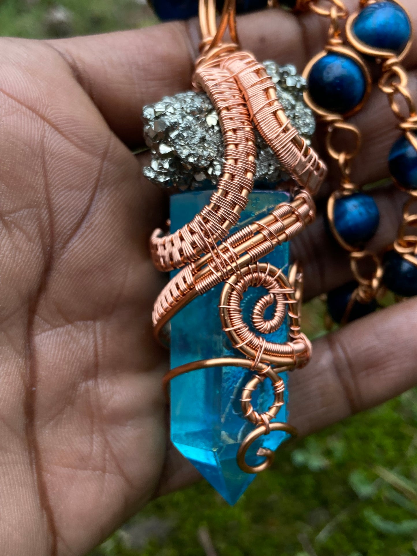 Blue Aqua Aura Quartz /Pyrite Reiki Infused Copper Healing Masterpiece Pendant