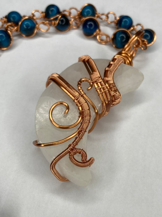 Luxury Selenite Moon +Blue Tigers Eye Masterpiece Pendant