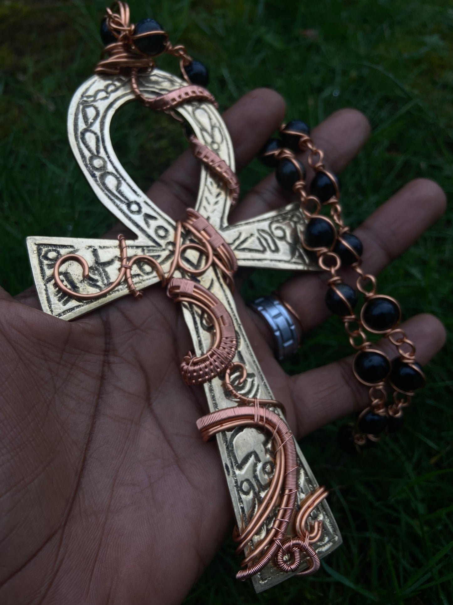 7in Brass Ankh+ Golden Obsidian Reiki Infused Masterpiece Pendant