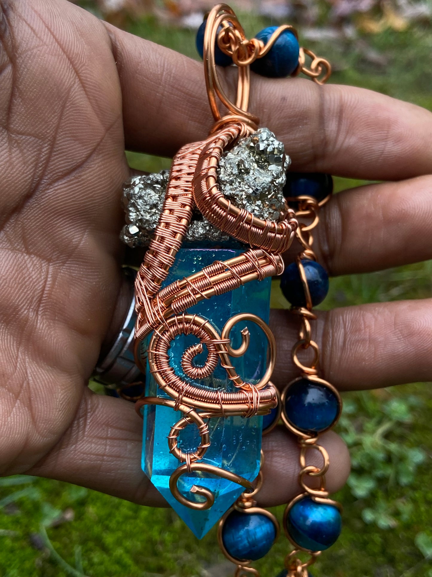 Blue Aqua Aura Quartz /Pyrite Reiki Infused Copper Healing Masterpiece Pendant