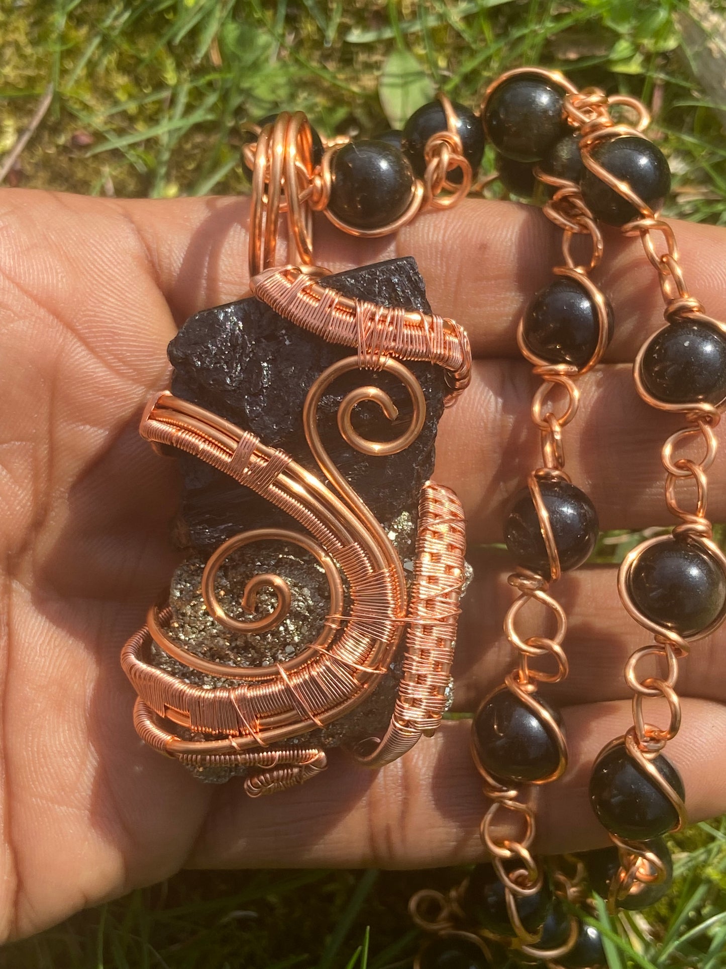 Black Tourmaline/Pyrite +Golden Obsidian Reiki Infused Masterpiece Pendant