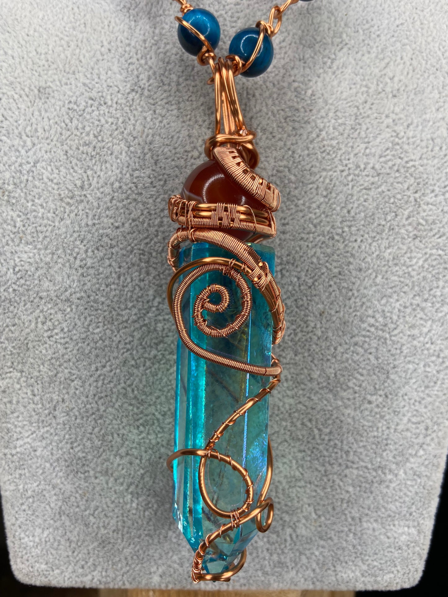 Aqua Aura Quartz/Carnelian + Blue Tigers Eye Reiki Infused Masterpiece Pendant