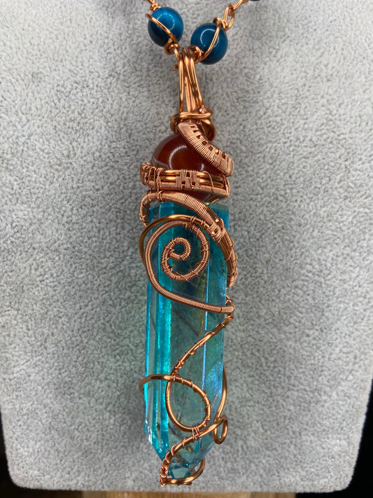 Aqua Aura Quartz/Carnelian + Blue Tigers Eye Reiki Infused Masterpiece Pendant