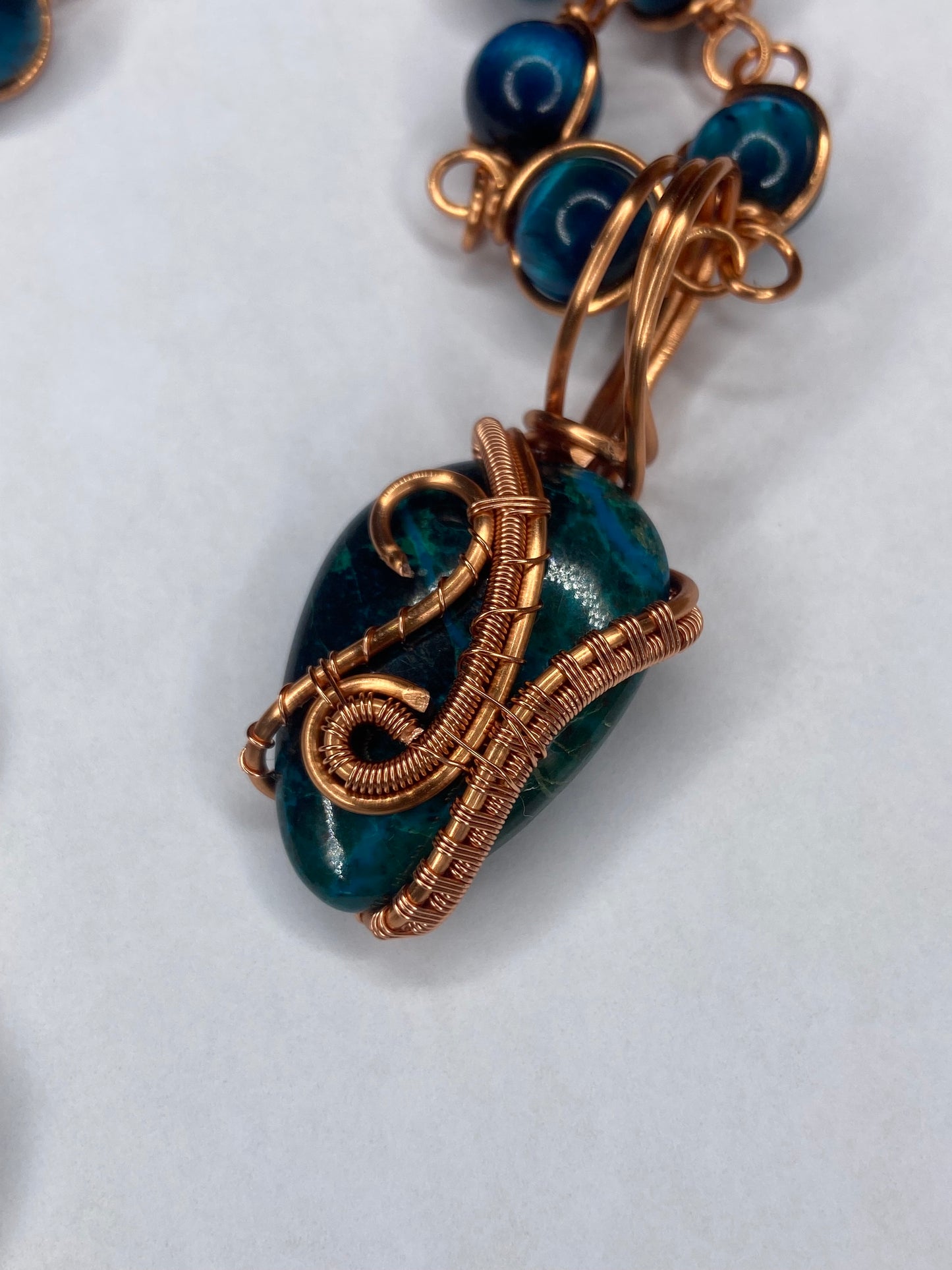 Chrysocolla Malachite Pendant with Blue Tiger’s Eye Beaded Necklace — Copper Wrapped Masterpiece