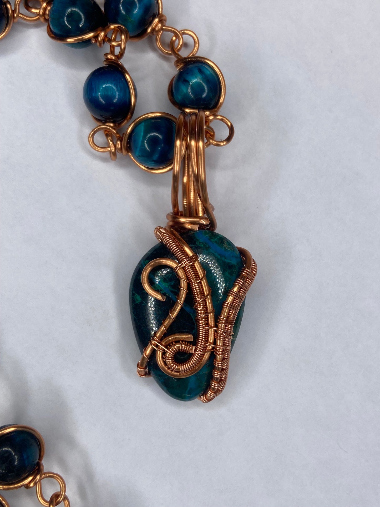 Chrysocolla Malachite Pendant with Blue Tiger’s Eye Beaded Necklace — Copper Wrapped Masterpiece