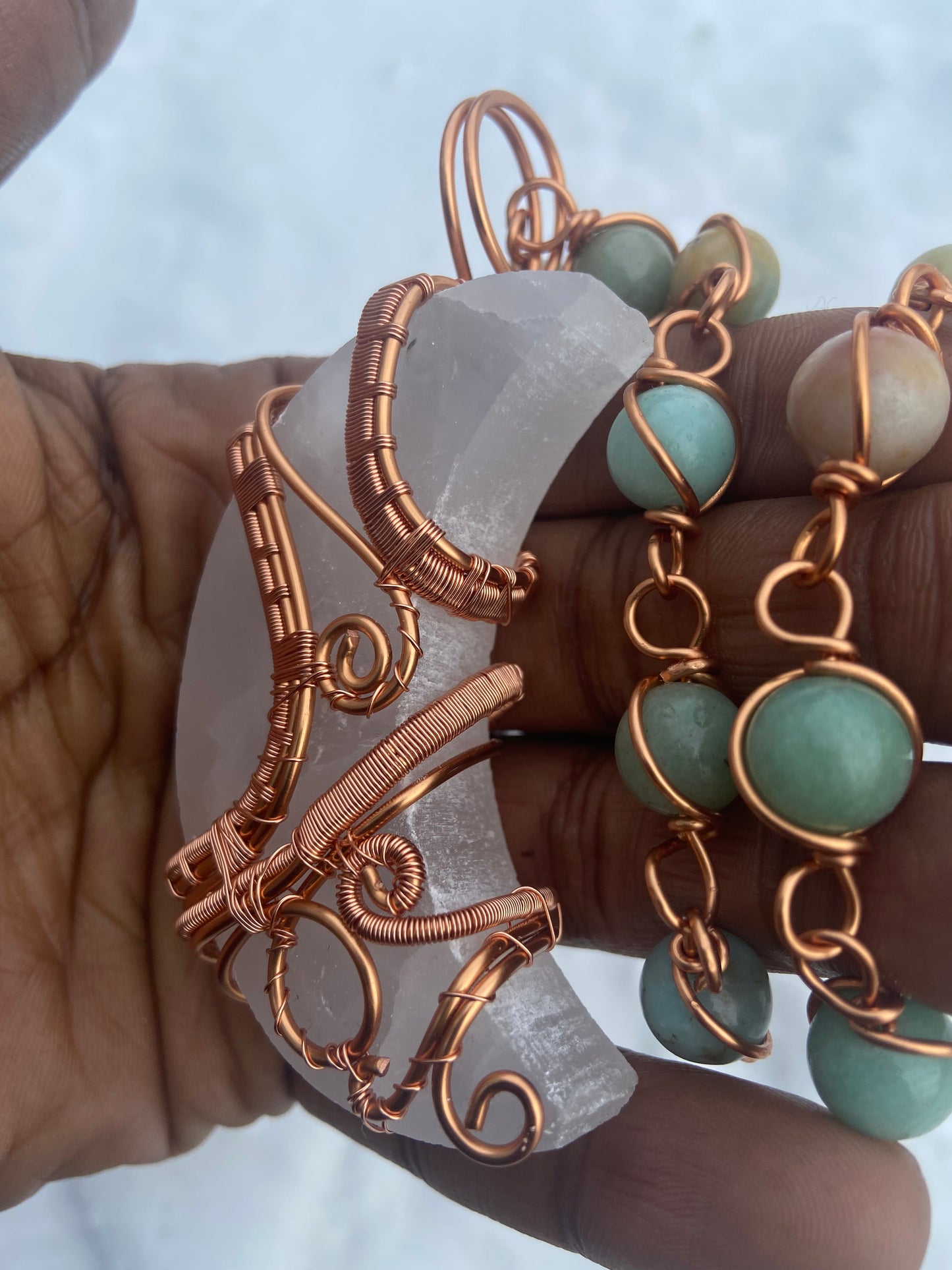 Luxury Selenite Moon + Amazonite Masterpiece Copper Healing Pendant