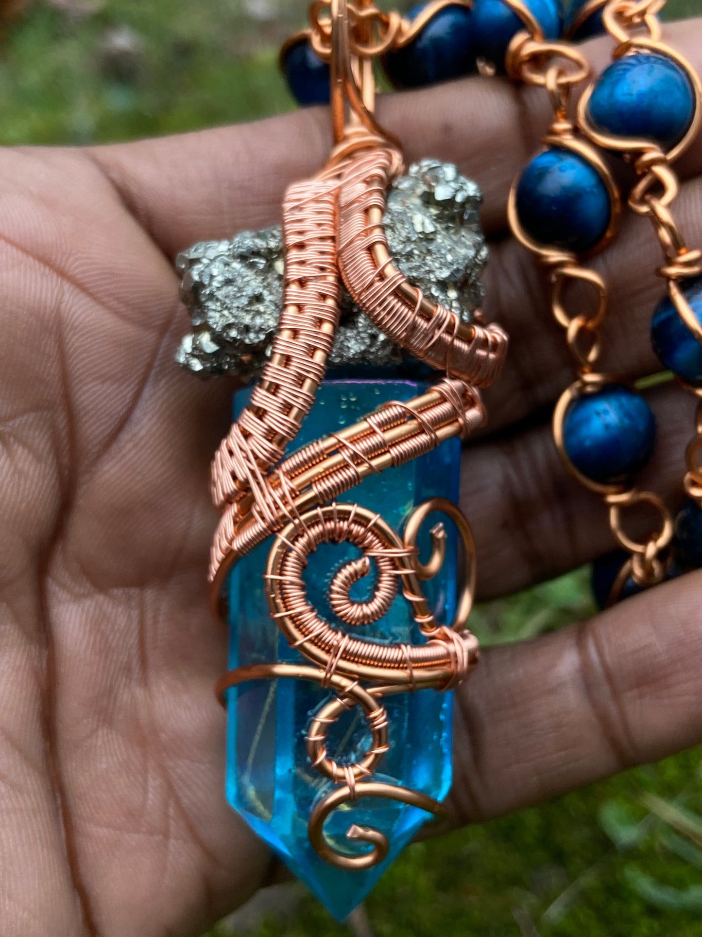 Blue Aqua Aura Quartz /Pyrite Reiki Infused Copper Healing Masterpiece Pendant