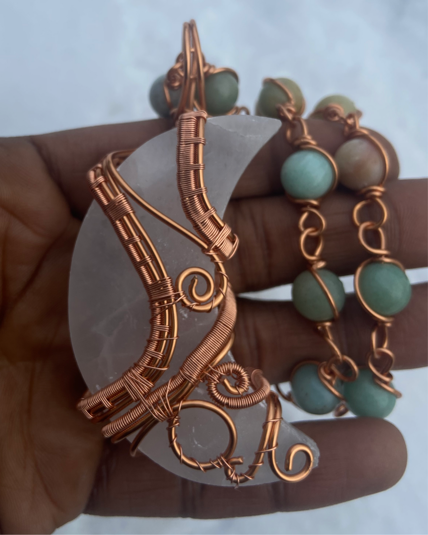 Luxury Selenite Moon + Amazonite Masterpiece Copper Healing Pendant