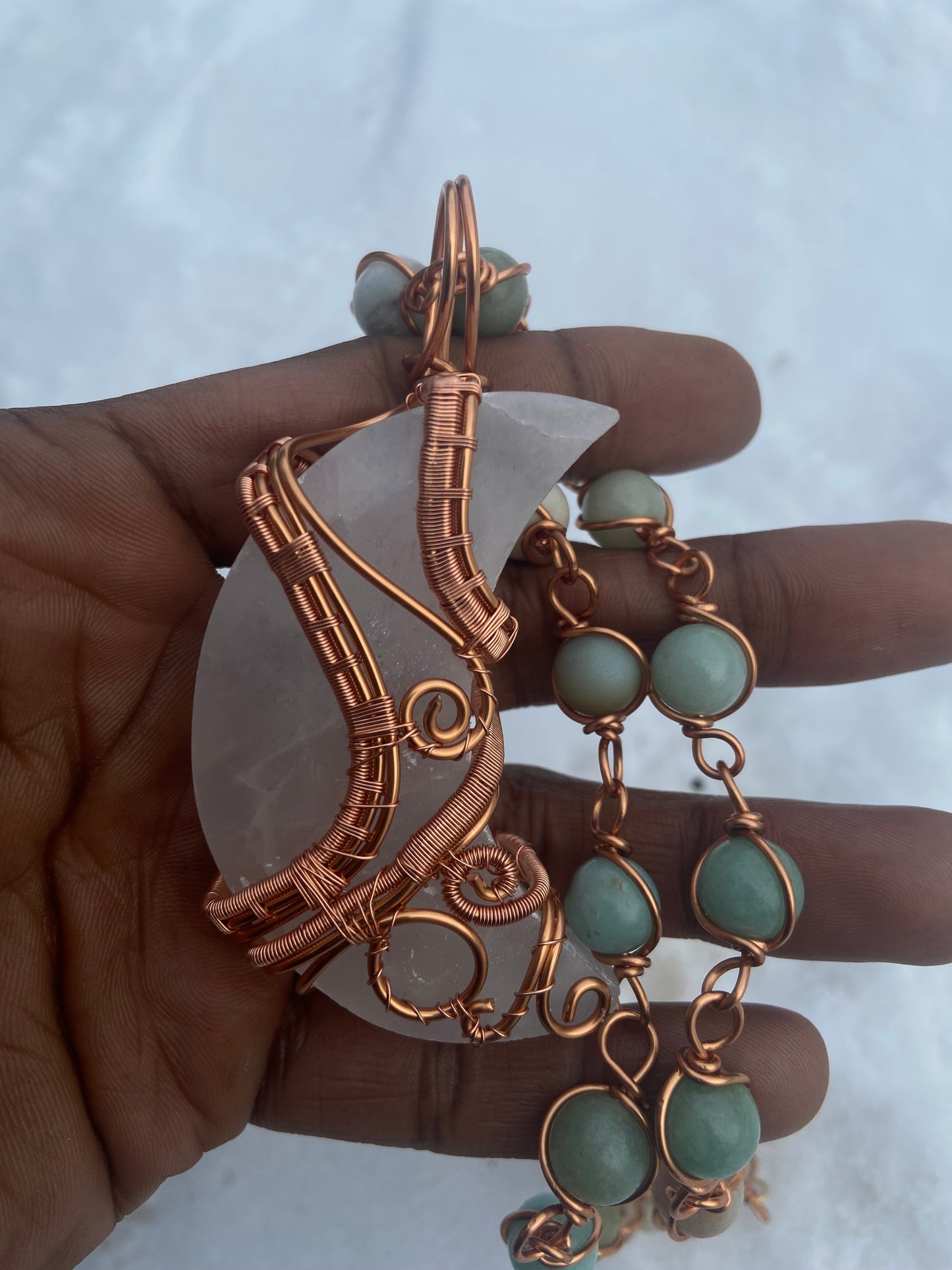 Luxury Selenite Moon + Amazonite Masterpiece Copper Healing Pendant