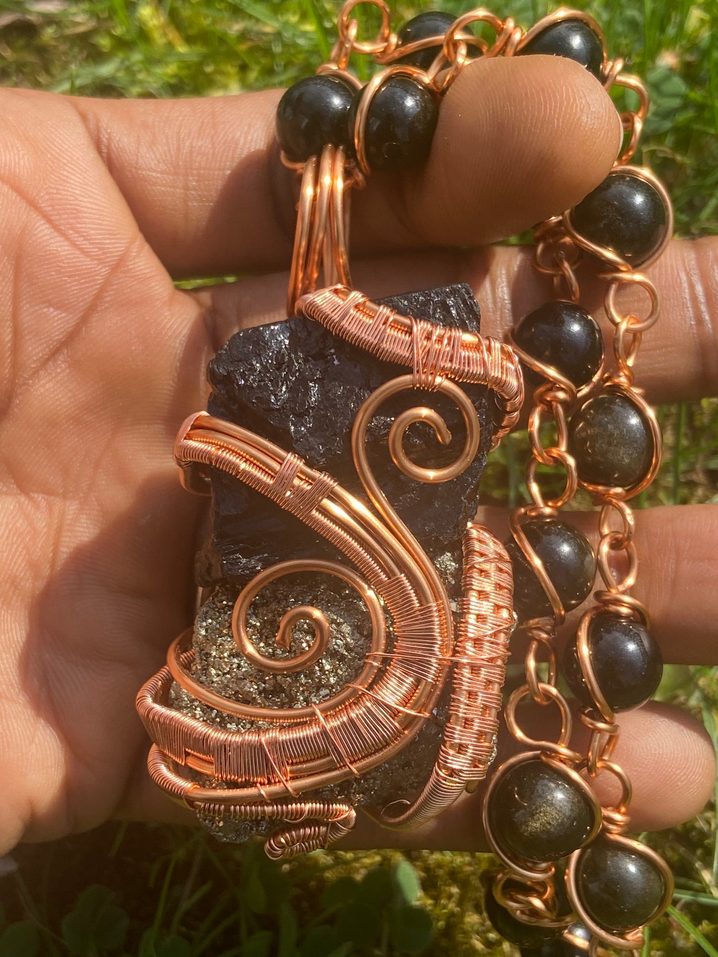 Black Tourmaline/Pyrite +Golden Obsidian Reiki Infused Masterpiece Pendant