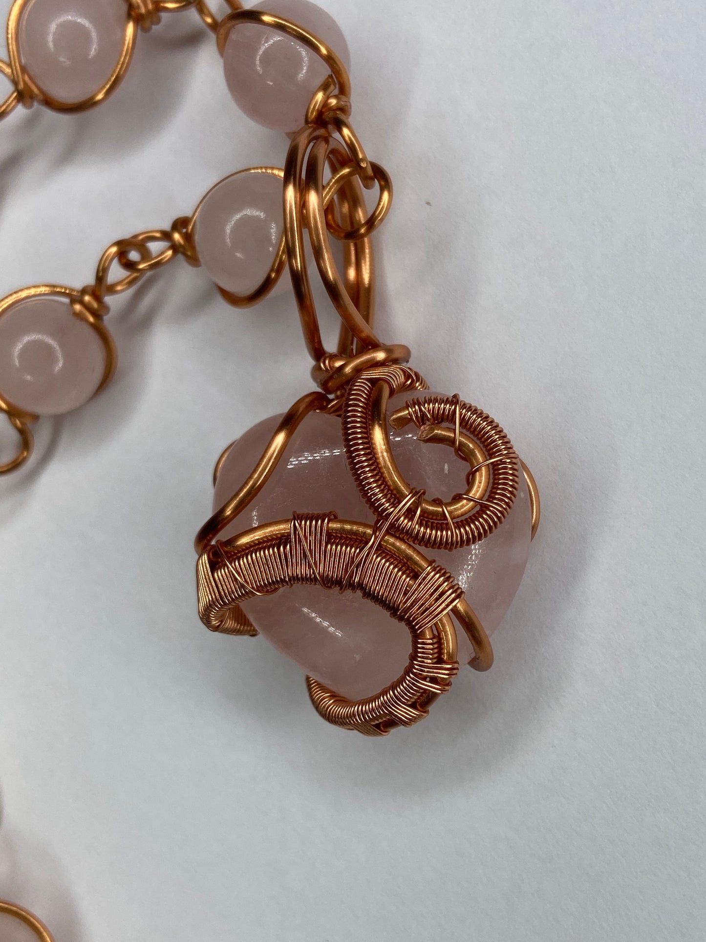 Rose Quartz Heart Pendant Necklace — Copper-Wrapped Symbol of Love