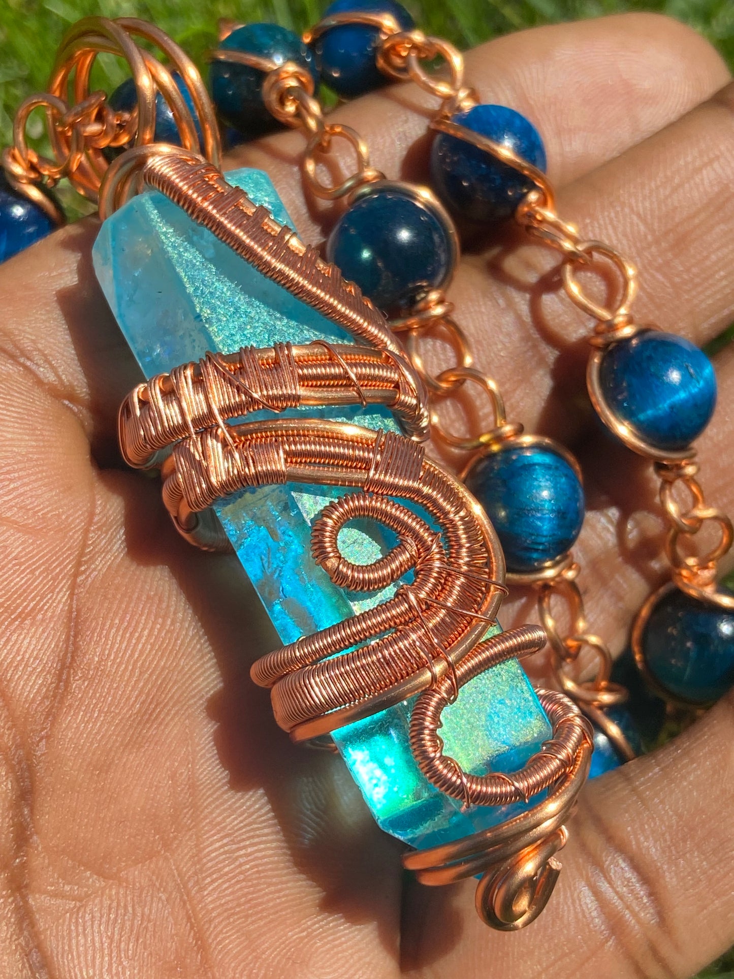 Luxury Blue Aqua Aura Quartz/ Blue Tigers Eye Reiki Infused Masterpiece Pendant