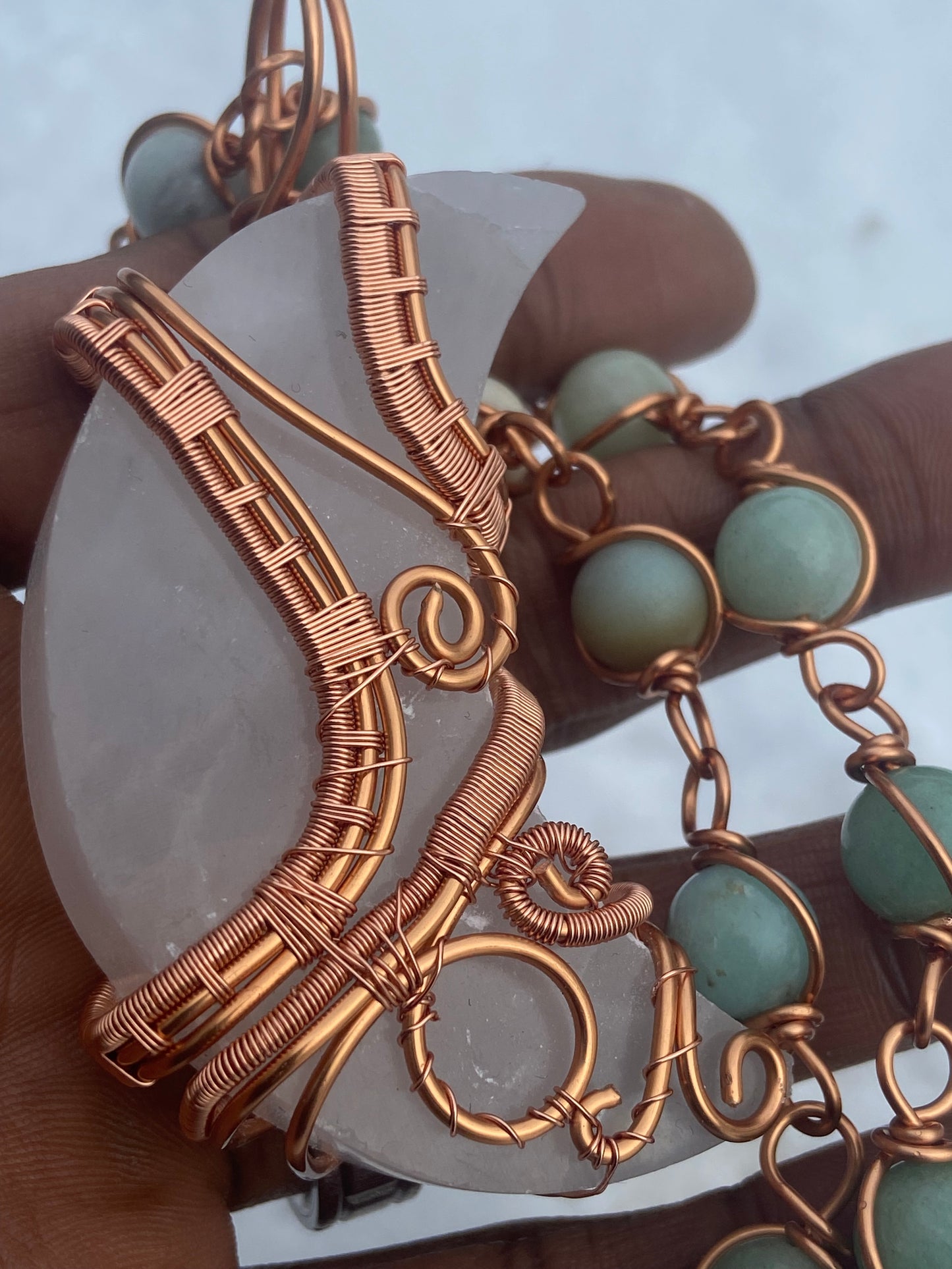 Luxury Selenite Moon + Amazonite Masterpiece Copper Healing Pendant