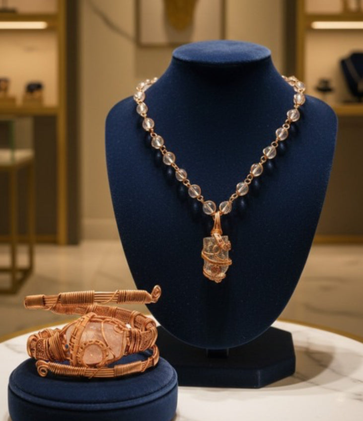 Clear Aqua Quartz Masterpiece Necklace and Quartz Bracelet Set