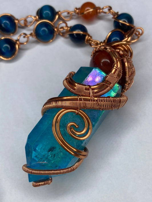 Luxury Aqua Aura Quartz/Carnelian Healing Masterpiece Pendant