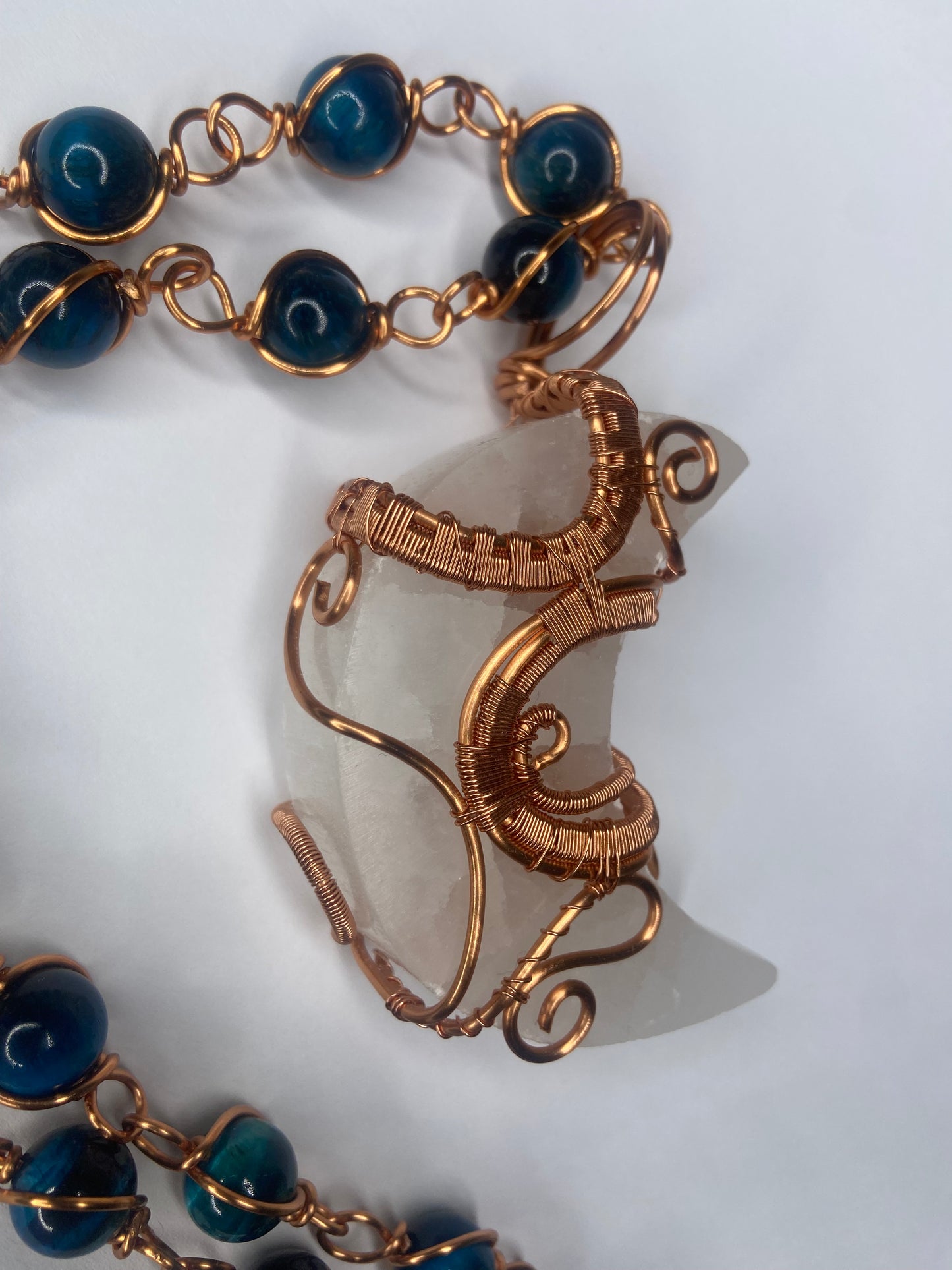 Luxury Selenite Moon Masterpiece Pendant Blue Tigers Eye Necklace