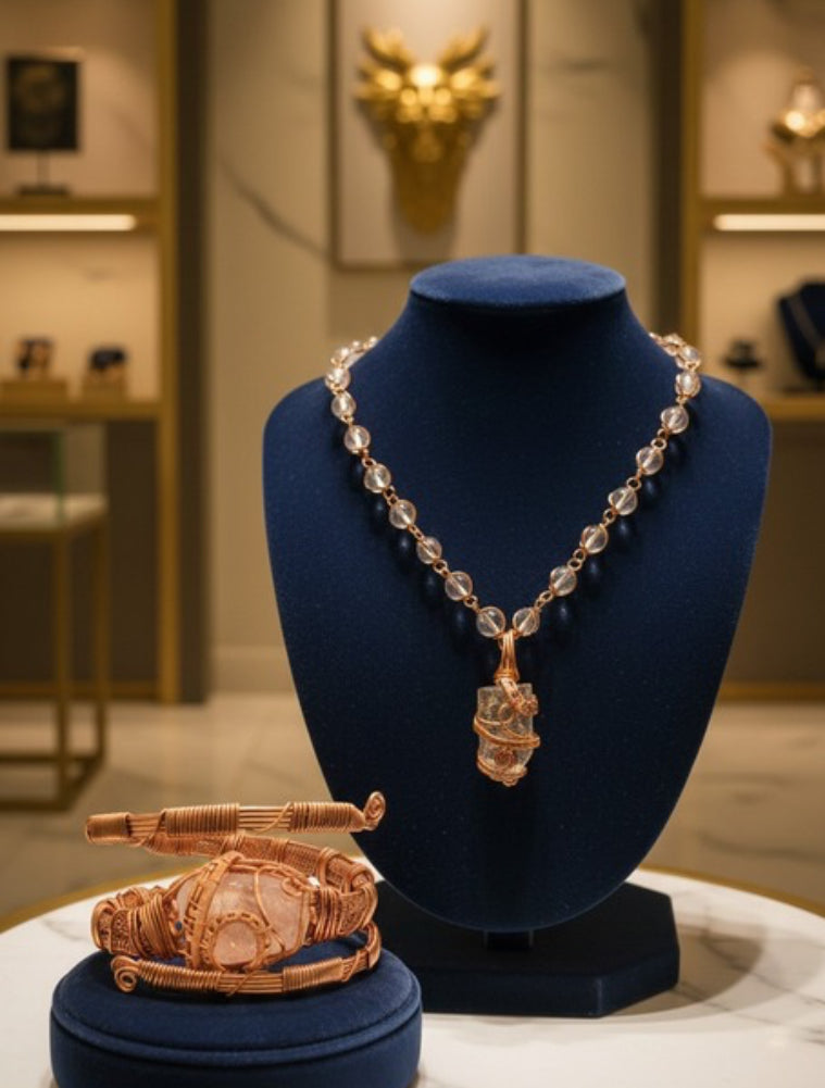 Clear Aqua Quartz Masterpiece Necklace and Quartz Bracelet Set