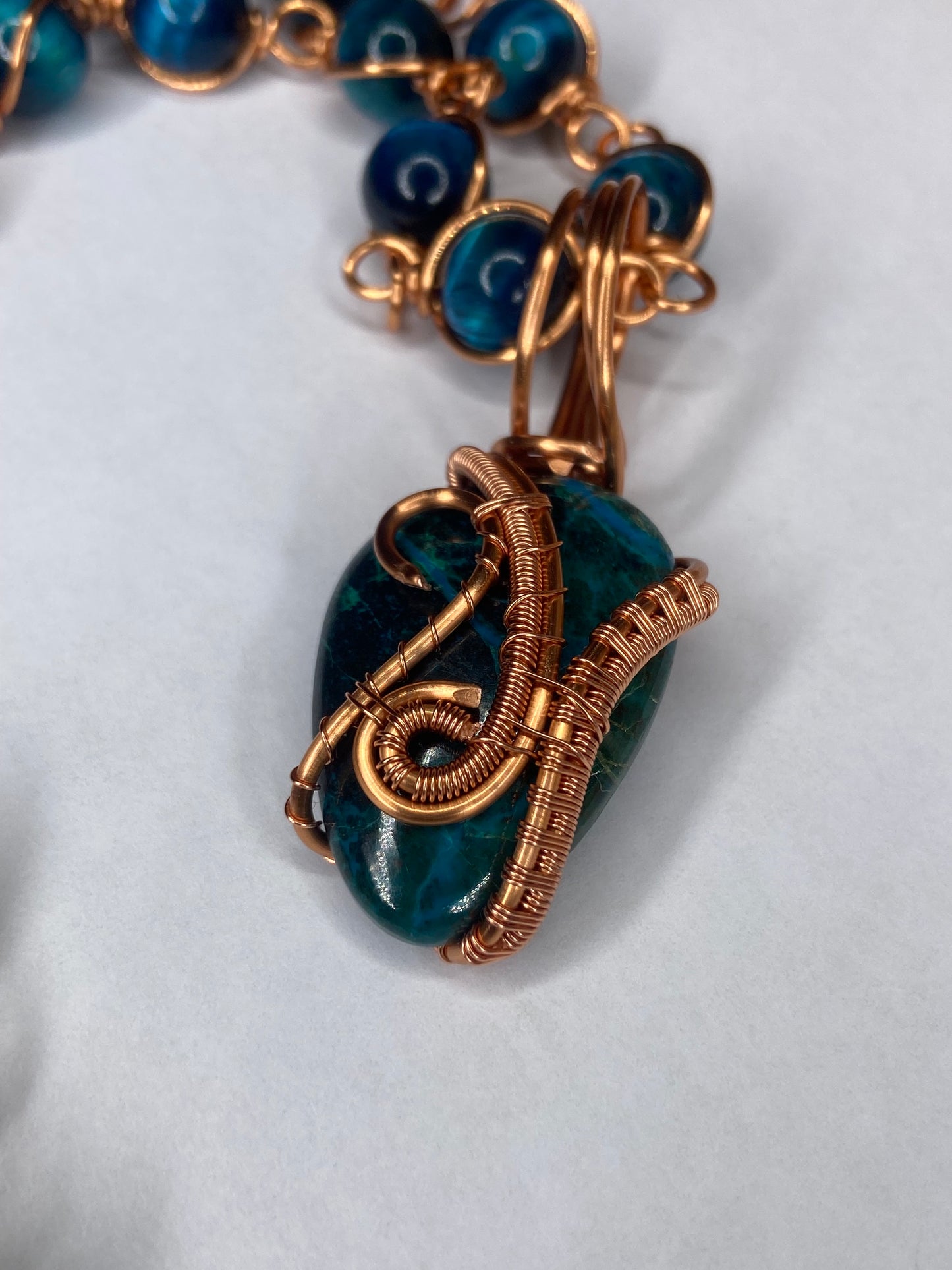 Chrysocolla Malachite Pendant with Blue Tiger’s Eye Beaded Necklace — Copper Wrapped Masterpiece