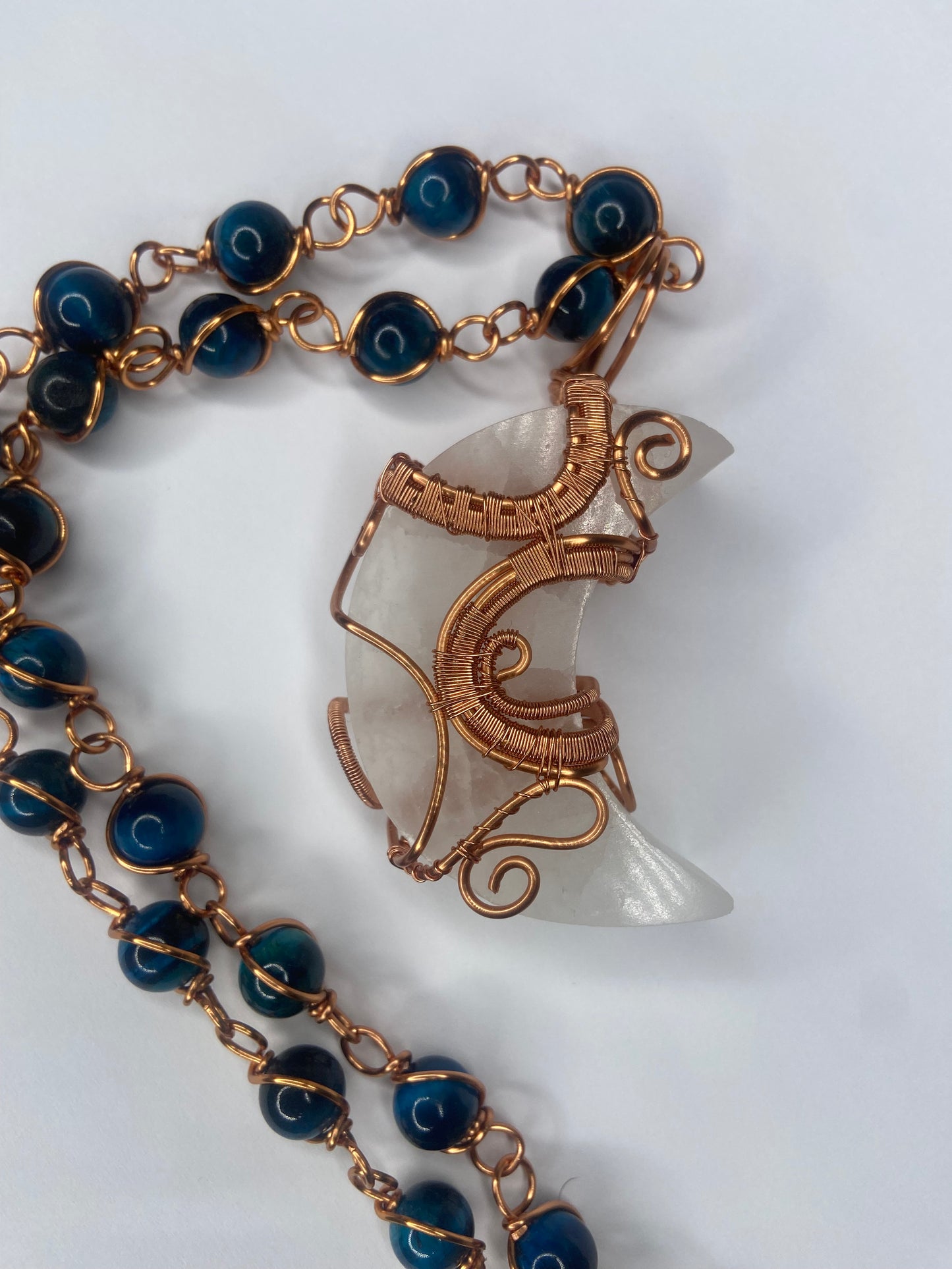 Luxury Selenite Moon Masterpiece Pendant Blue Tigers Eye Necklace
