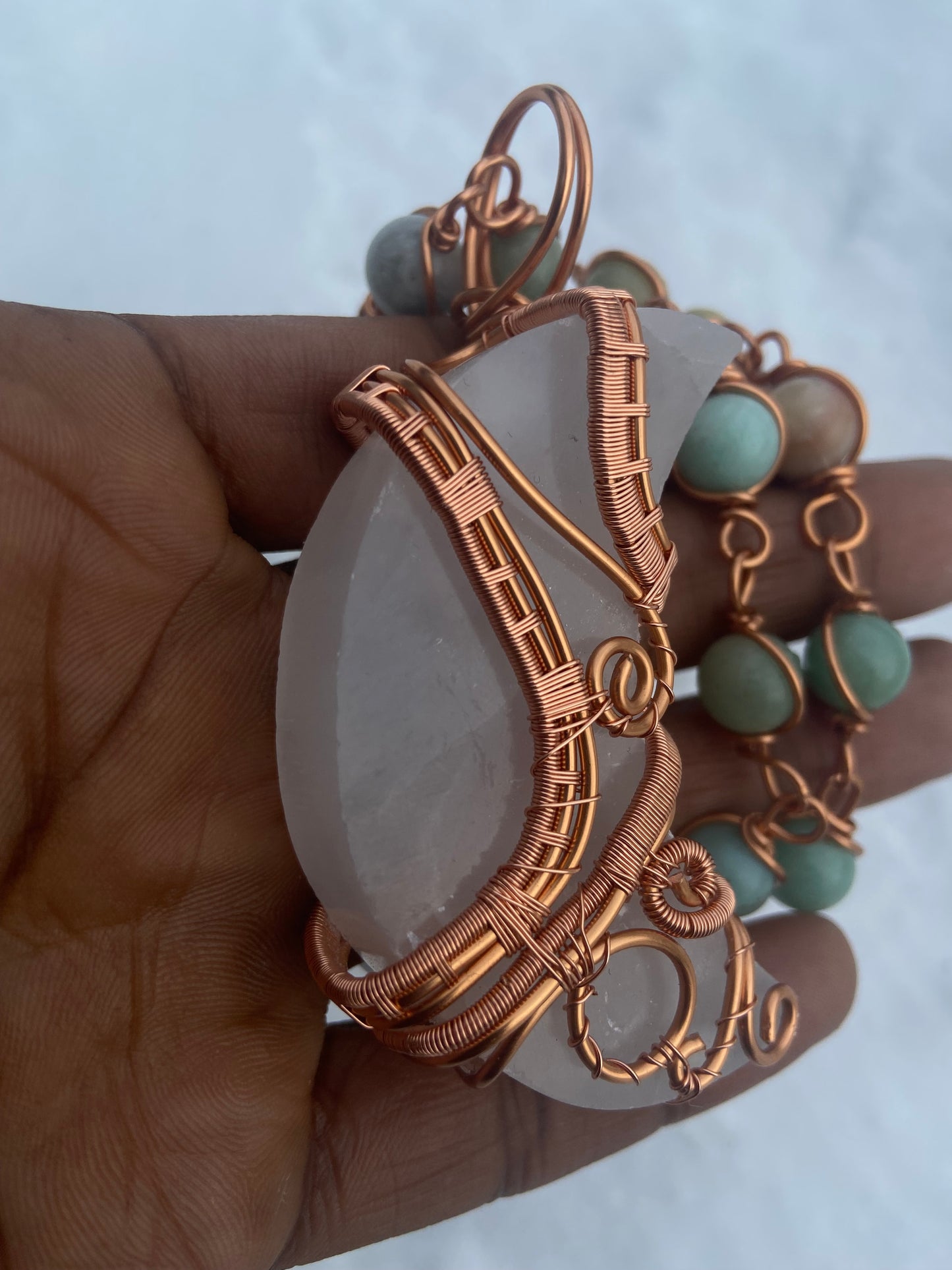 Luxury Selenite Moon + Amazonite Masterpiece Copper Healing Pendant