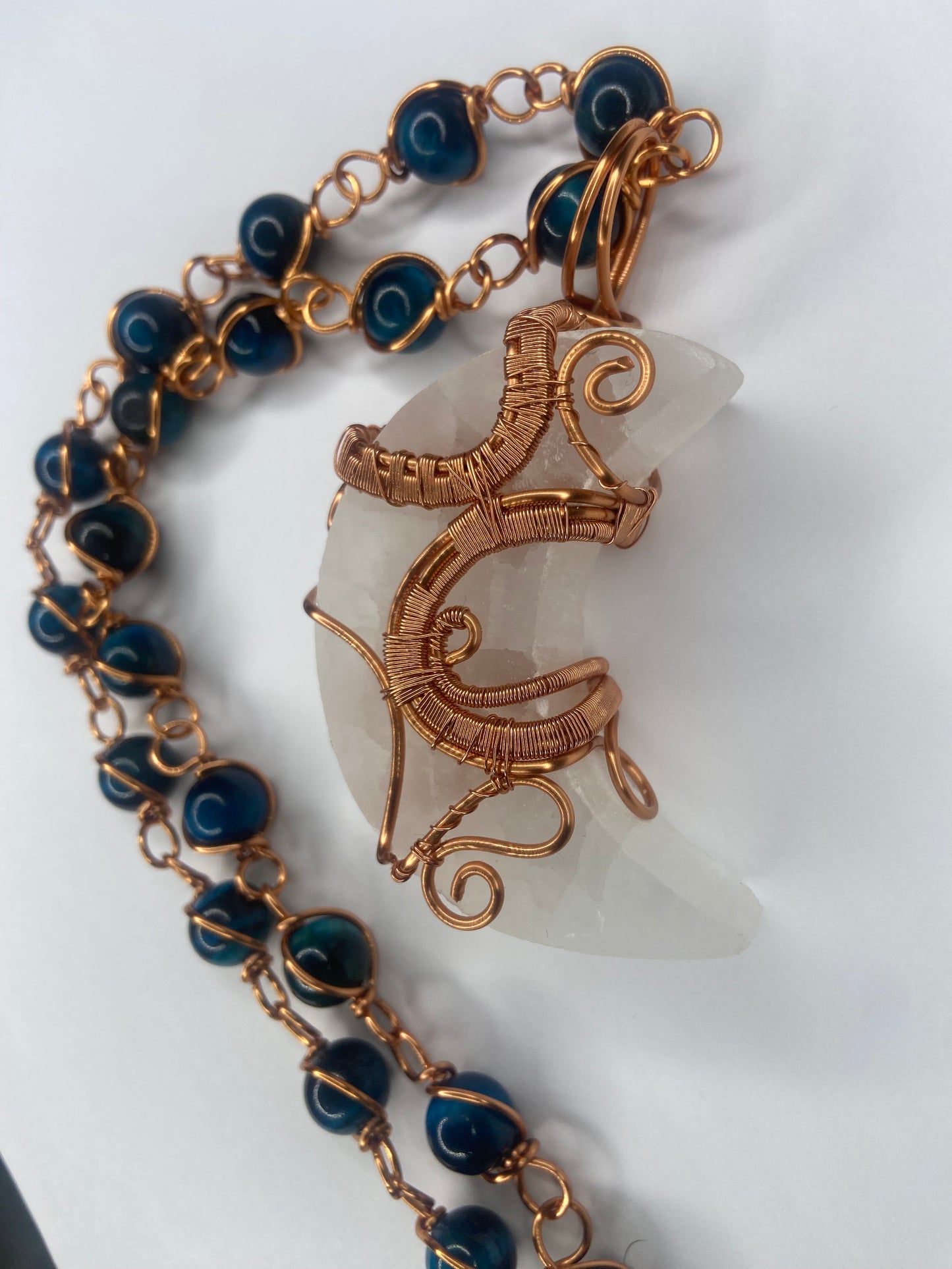 Luxury Selenite Moon Masterpiece Pendant Blue Tigers Eye Necklace