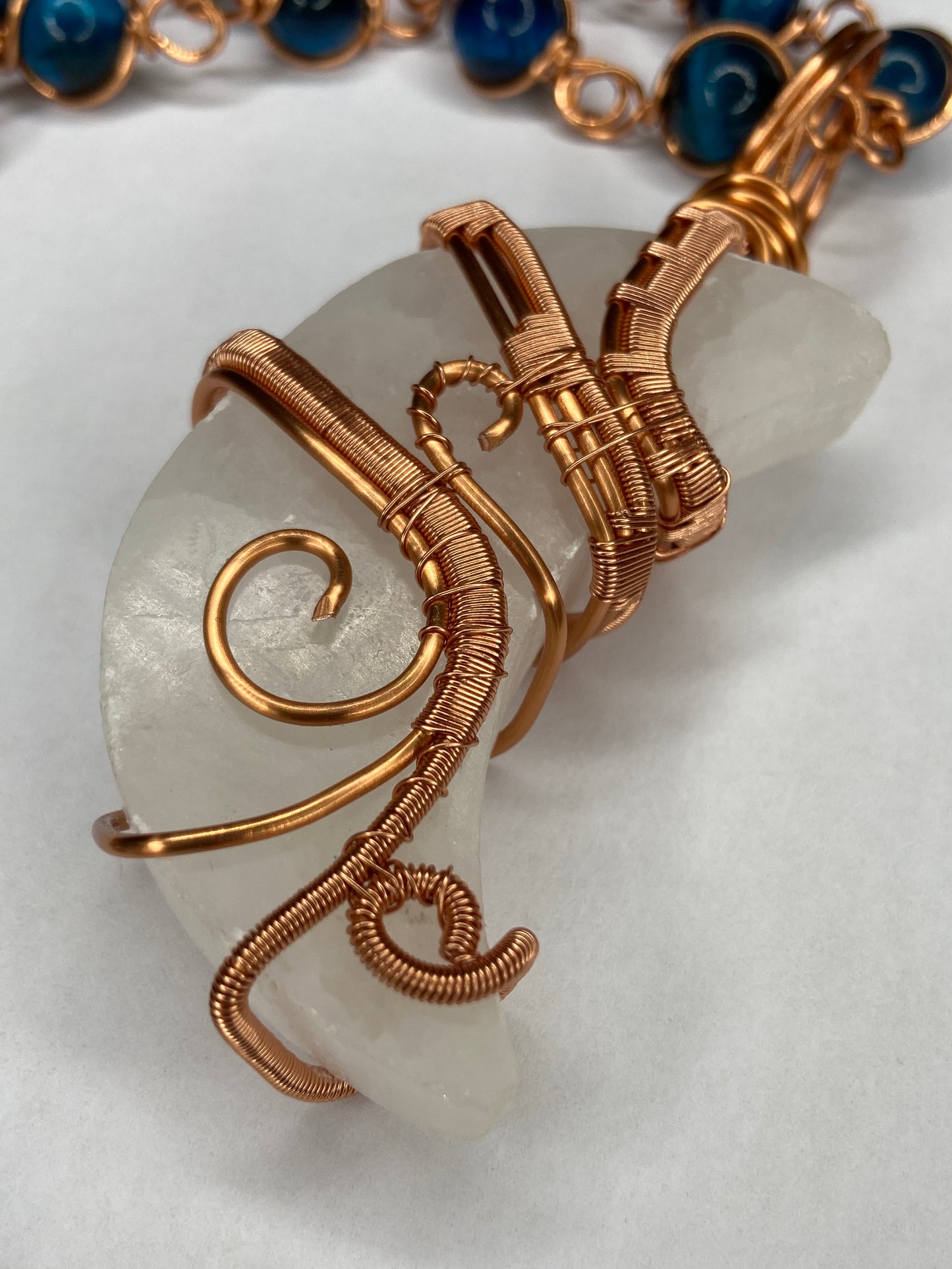 Luxury Selenite Moon +Blue Tigers Eye Masterpiece Pendant