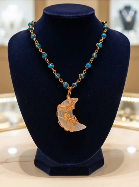Luxury Selenite Moon Masterpiece Pendant Blue Tigers Eye Necklace