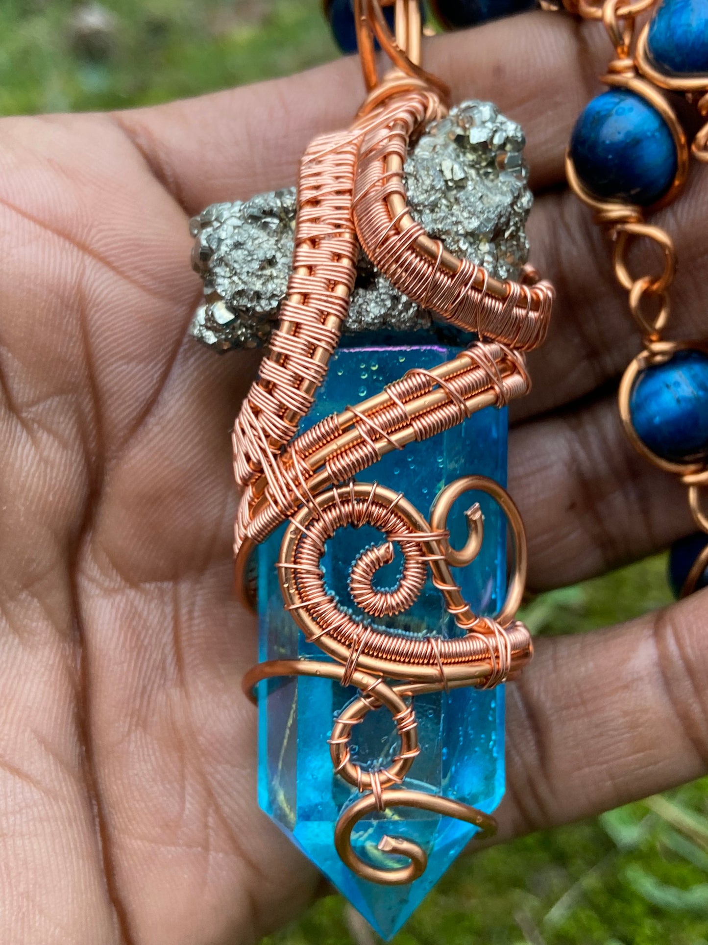 Blue Aqua Aura Quartz /Pyrite Reiki Infused Copper Healing Masterpiece Pendant