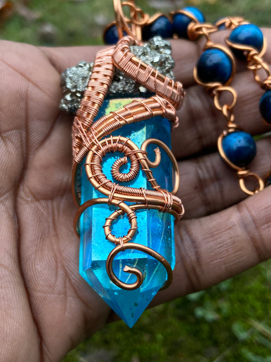 Blue Aqua Aura Quartz /Pyrite Reiki Infused Copper Healing Masterpiece Pendant