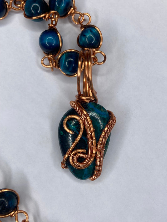 Chrysocolla Malachite Pendant with Blue Tiger’s Eye Beaded Necklace — Copper Wrapped Masterpiece