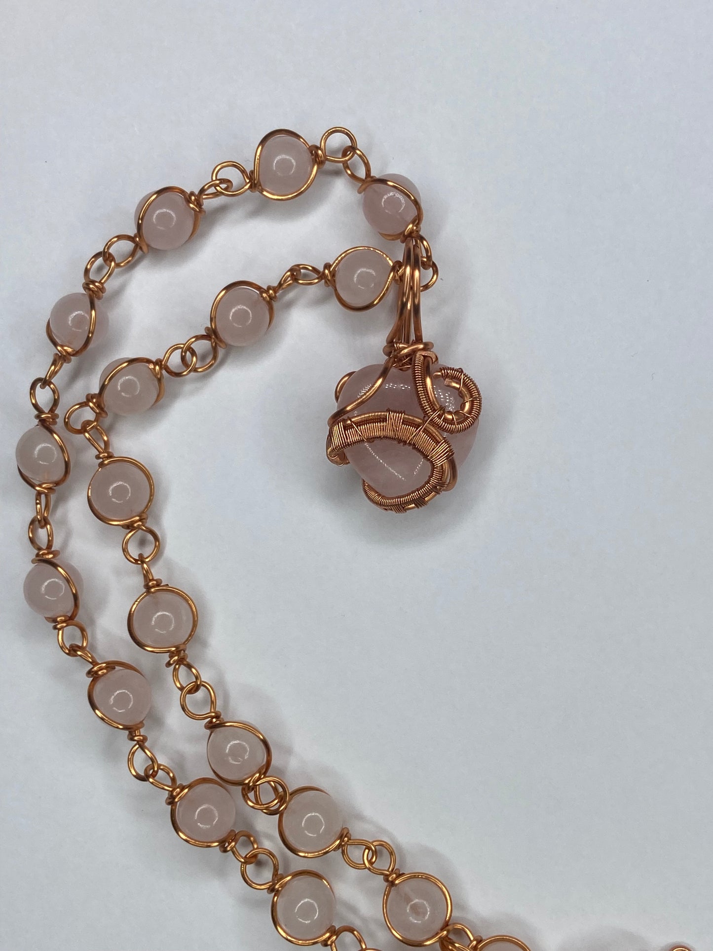 Rose Quartz Heart Pendant Necklace — Copper-Wrapped Symbol of Love