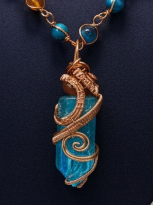 Aqua Aura Quartz Masterpiece Pendant Blue Carnelian tigers Eye Necklace