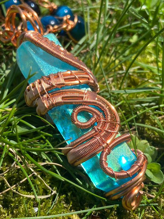 Luxury Blue Aqua Aura Quartz/ Blue Tigers Eye Reiki Infused Masterpiece Pendant