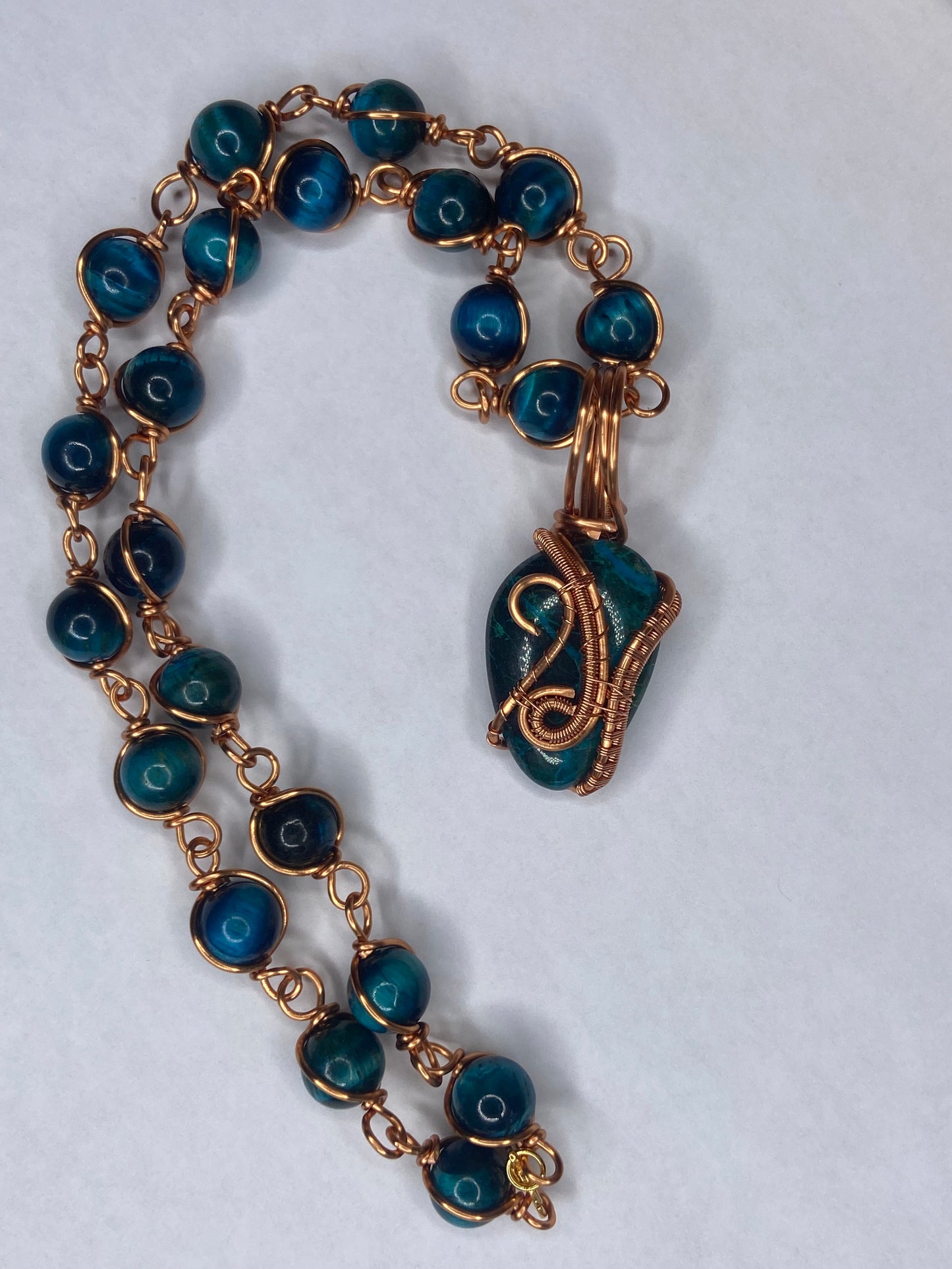 Chrysocolla Malachite Pendant with Blue Tiger’s Eye Beaded Necklace — Copper Wrapped Masterpiece