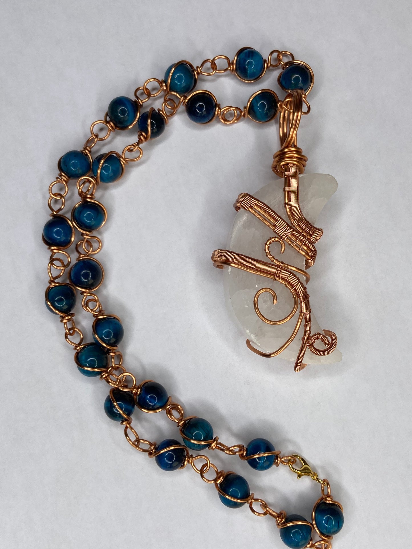 Luxury Selenite Moon +Blue Tigers Eye Masterpiece Pendant
