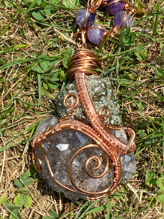 Amethyst/Pyrite Reiki Infused Masterpiece Copper Healing Pendants