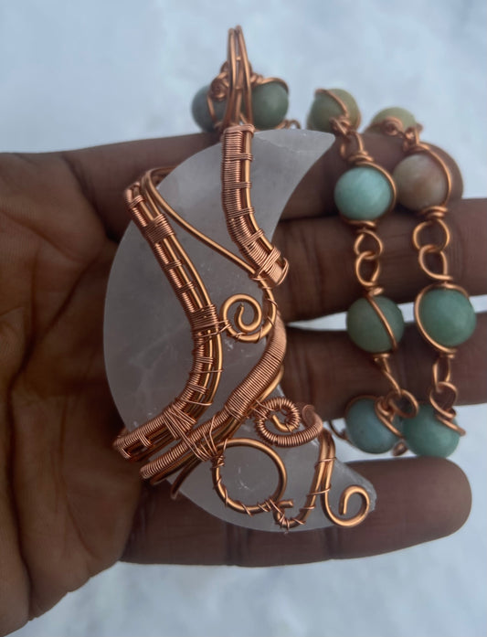 Luxury Selenite Moon + Amazonite Masterpiece Copper Healing Pendant