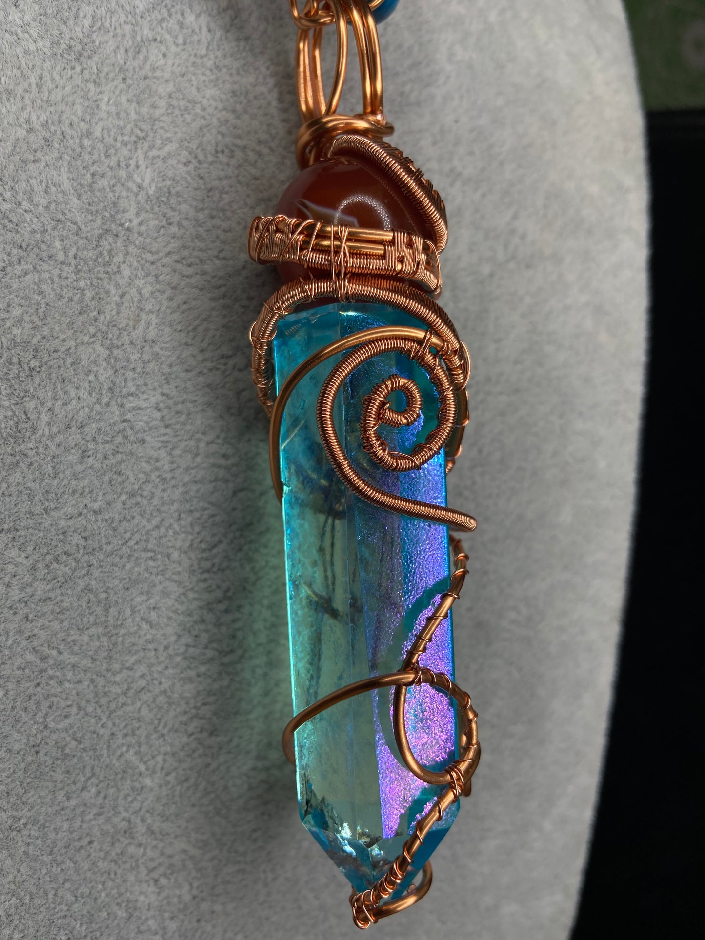 Aqua Aura Quartz/Carnelian + Blue Tigers Eye Reiki Infused Masterpiece Pendant