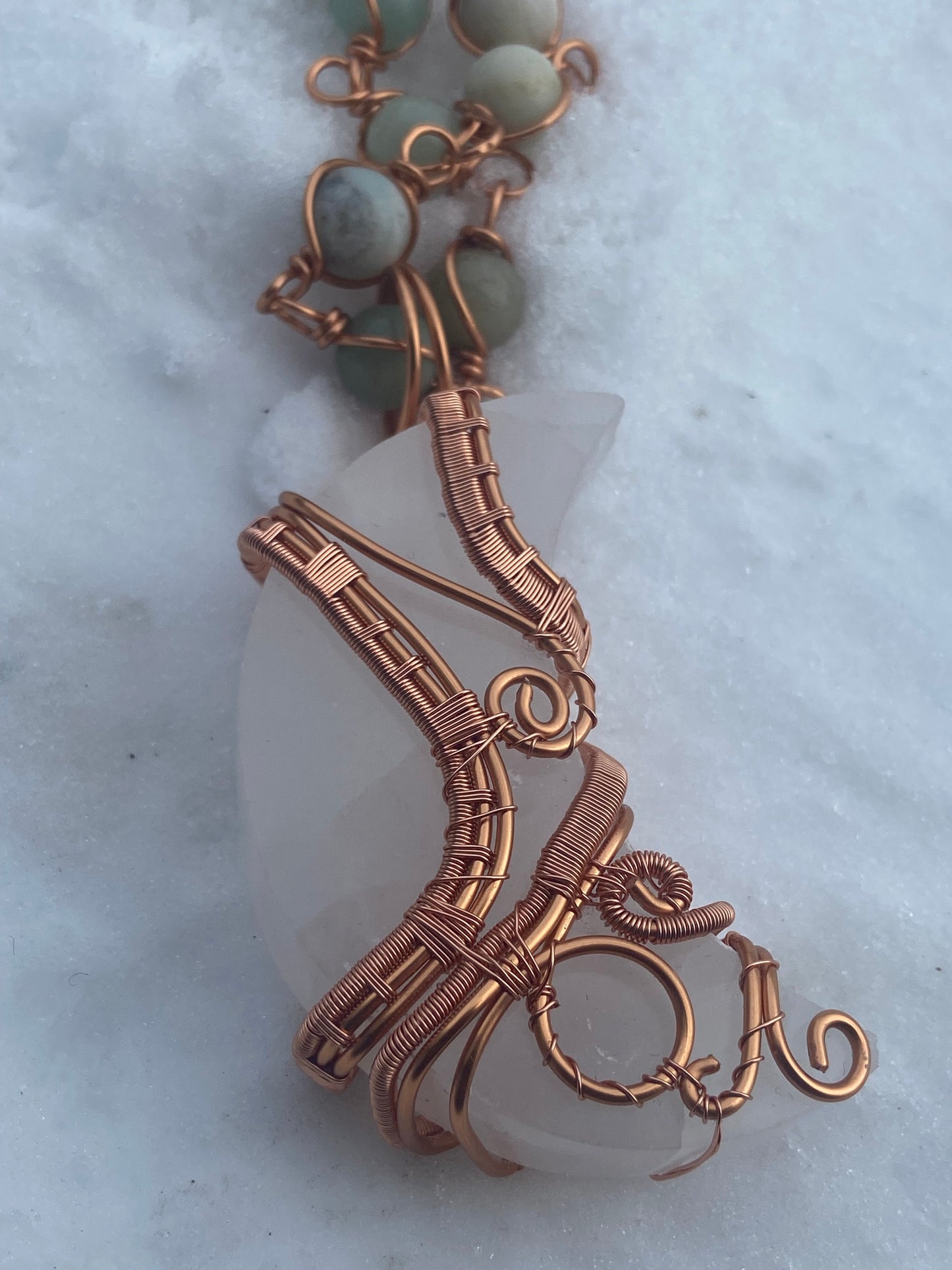 Luxury Selenite Moon + Amazonite Masterpiece Copper Healing Pendant